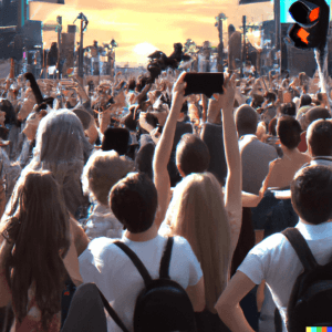 Social Media Reimagined According to the US Public 1 DALL·E 2023 02 22 11.16.13 Hollywood walk of fame apocalypse year 2100 50 people are anxiously taking selfies with their backs to the image viewer and holding their phones in