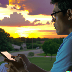 Social Media Reimagined According to the US Public 4 DALL·E 2023 02 22 11.21.18 Beautiful sunset in Memphis by Graceland man ignores it and mindlessly scrolls through Instagram on their phone hyper realistic photorealism futur