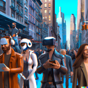 Social Media Reimagined According to the US Public 2 DALL·E 2023 02 22 11.37.20 Streets of New York several people are smiling and looking at their phones which theyre holding in their hands people are approaching them wearing