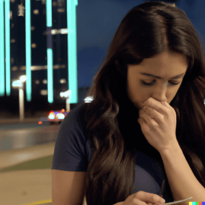 Social Media Reimagined According to the US Public 3 DALL·E 2023 02 22 11.53.50 Woman is crying and depressed in the streets of Dallas after spending a long time on social media she misses her life before social media came into
