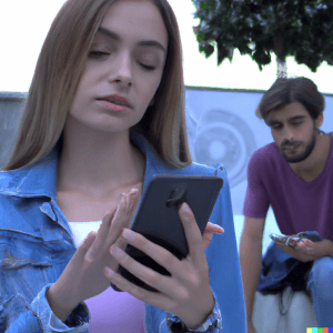 Social Media Reimagined According to the US Public 10 DALL·E 2023 02 22 13.56.10 Gen Z woman staring at phone and upset Millennial man trying to take selfies in the background to upload to social media but struggling to take one