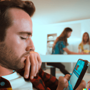 Social Media Reimagined According to the US Public 11 DALL·E 2023 02 22 13.59.42 Photo taken from Millennial mans view hes sitting on his phone watching videos on TikTok with his family in the background trying to talk to him h