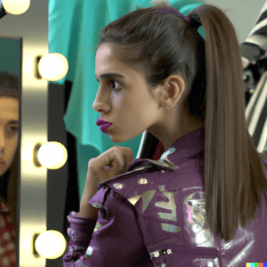 Social Media Reimagined According to the US Public 12 DALL·E 2023 02 22 14.02.34 Photo of gen Z woman looking into the mirror upset and disheveled a hyper glam version of herself with perfect makeup and designer clothes is reflect