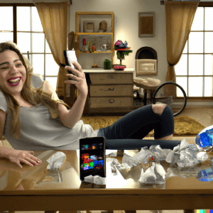 Social Media Reimagined According to the US Public 13 DALL·E 2023 02 28 11.55.55 Gen X woman happily rejecting social media beauty standards that she sees on her phone image of an immaculate house on her phone while her own home i