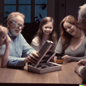 Social Media Reimagined According to the US Public 14 DALL·E 2023 02 28 12.00.52 Baby boomer happily spending time with his family everyones phone is locked in a box on the table hyper realistic photorealism futuristic 8k 210