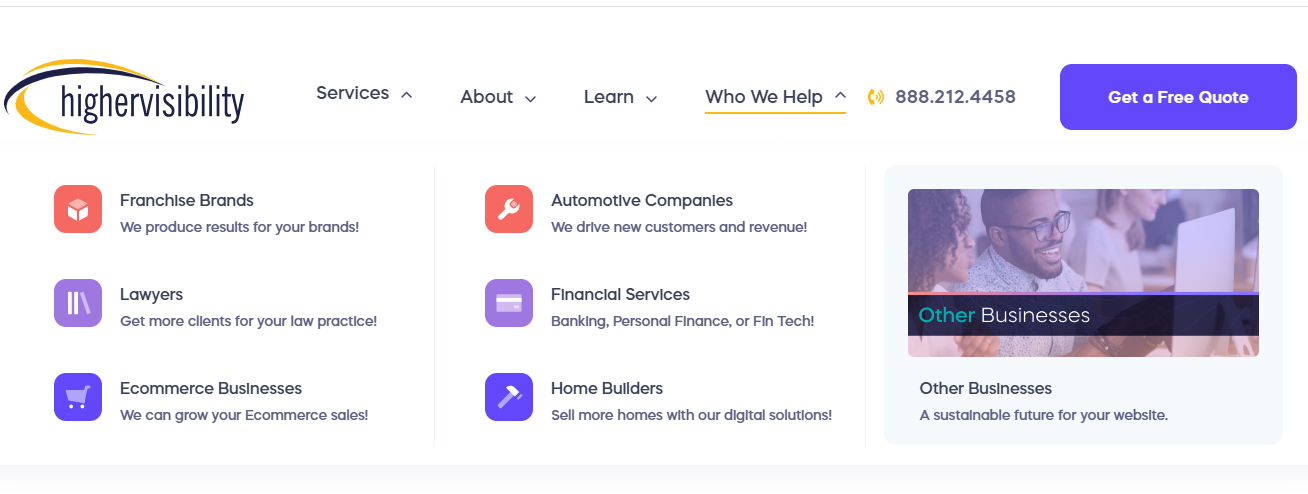 7 Qualities of a Great SEO Company 1 Image showing the areas of expertise of HigherVisibility, making it one of the best SEO agencies.