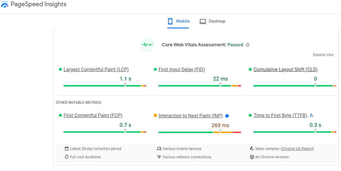 Core web vitals metrics  - PageSpeed Insights