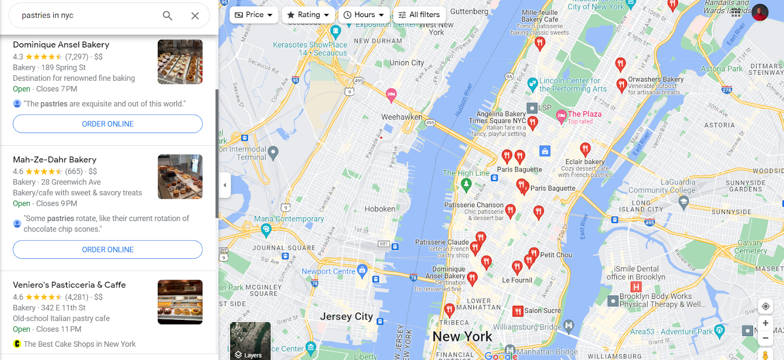 Google's result for pastries in nyc search