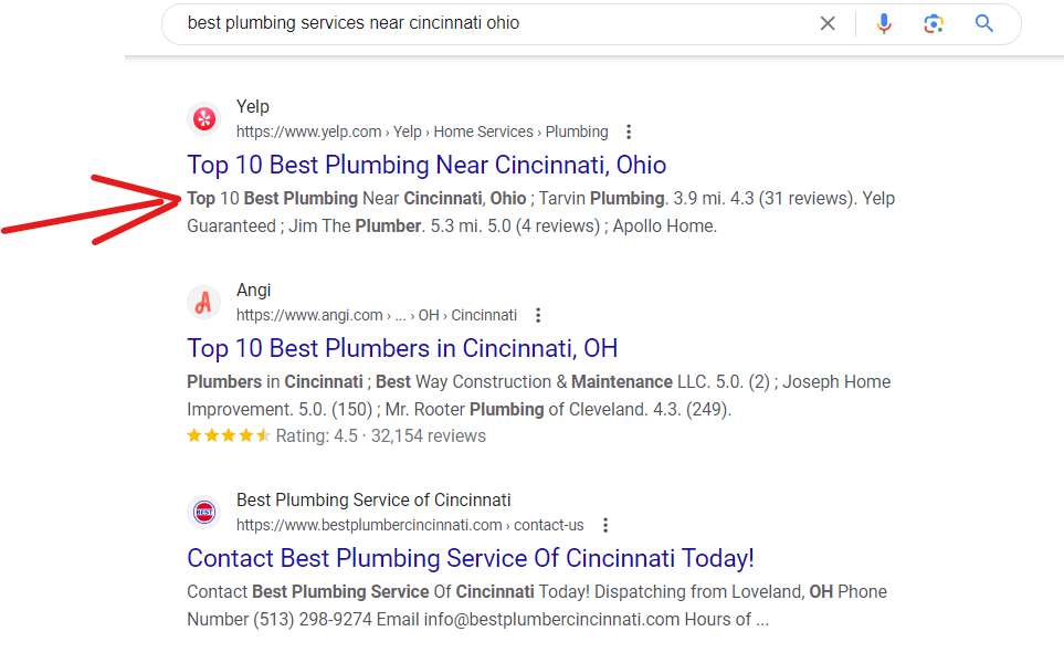 Google search results for best pluming services near cincinnati, ohio