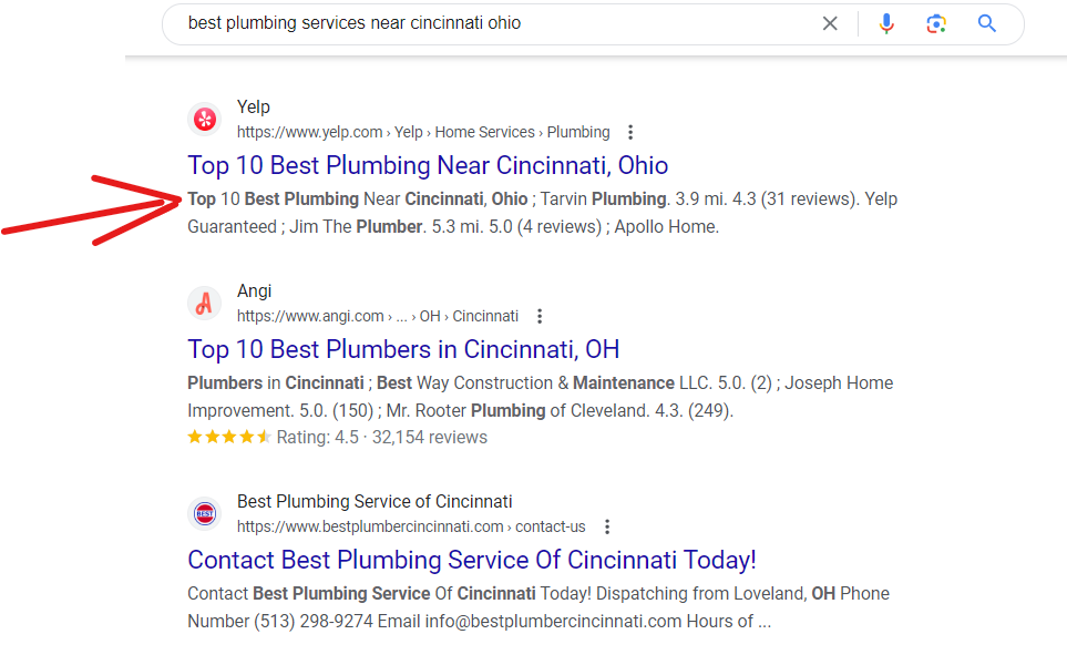Local SEO tips Google search results for best pluming services near cincinnati, ohio