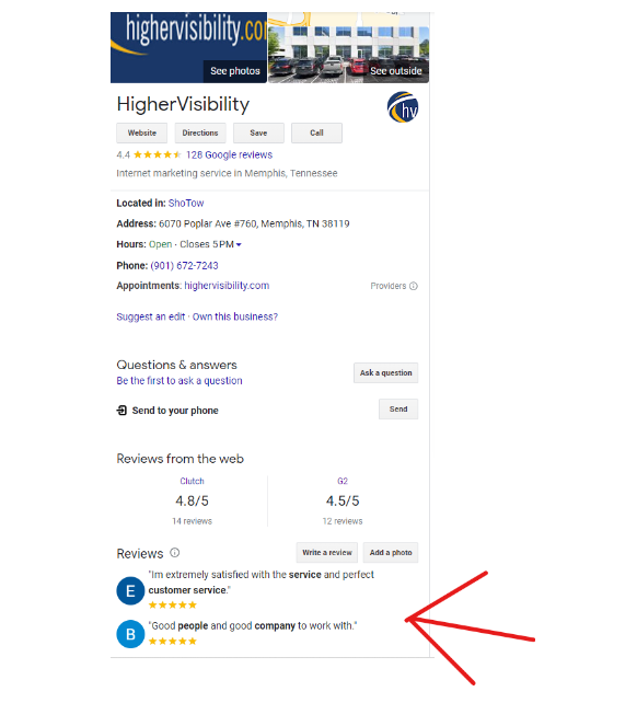 Google search results for HigherVisibility showing customer reviews