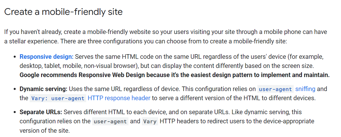 Mobile SEO Google's recommendation for creating a mobile friendly site