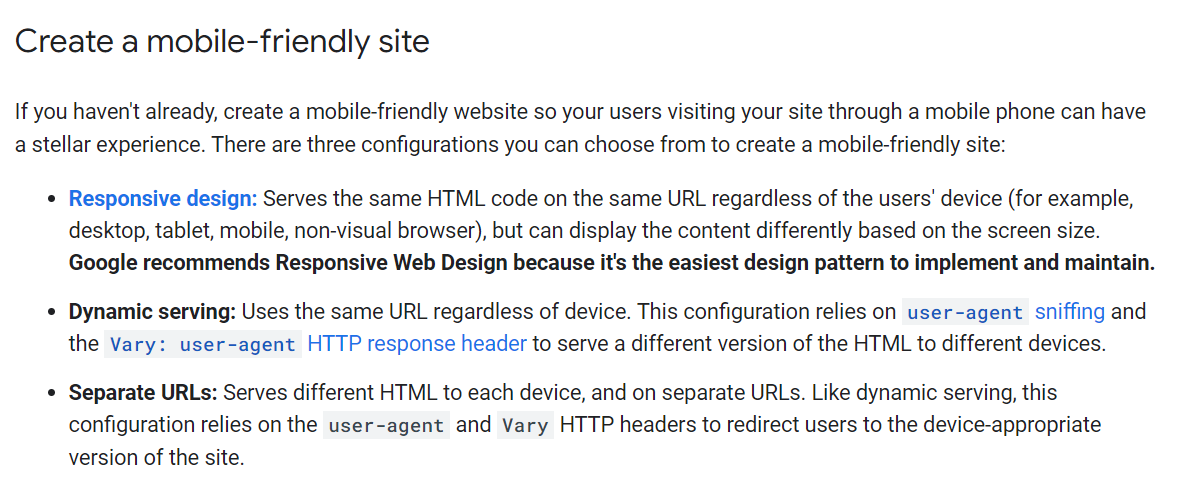 Google's recommendation for creating a mobile friendly site